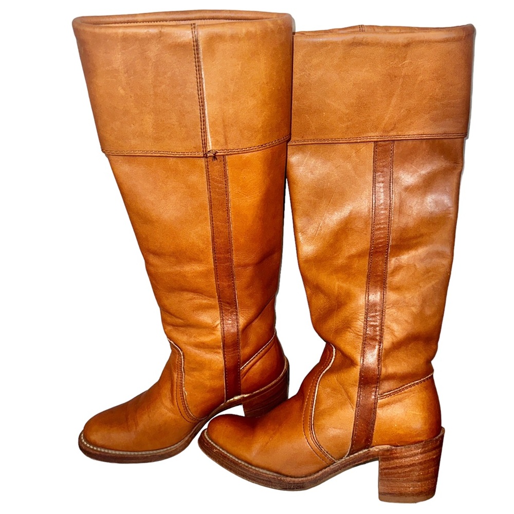 Frye Campus Tall Leather Cuffed Boots Womens 5B True Vtg Cognac Block Heel Retro